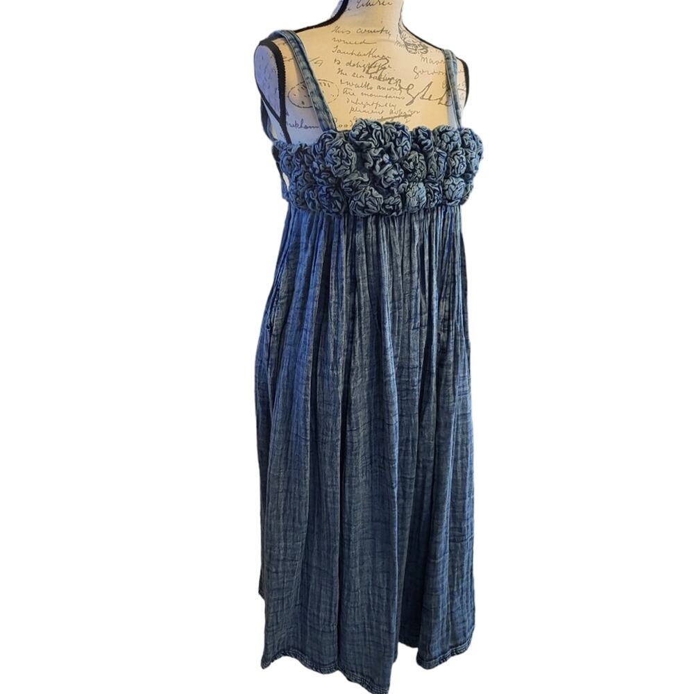 Free People Dolly Midi Dress Blue XS Smocked Tiered Boho Flowy Cottagecore - Picture 5 of 9